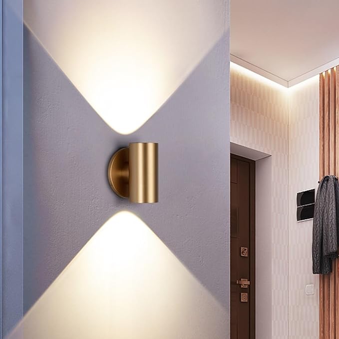 Tubicen Gold Wall Sconce Up Down, 7W Powerful LED Wall Lights for Living Room, 3000K Dimmable Modern Indoor Cylinder Wall Lamp, Aluminum Hallway Stairway Movie Theater Sconces Wall Lighting