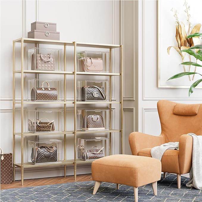 3Pack Clear Plastic Handbag Storage Organizer for Closet, Acrylic Display Case for Handbag and Purse, Luxury Stackable Magnetic Drop Front Storage Organizer for Clutch, Wallet, Book, Toys Organization and Display