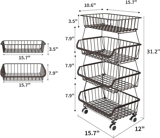 Fruit Vegetable Storage Basket for Kitchen - 4 tier Stackable Metal Wire Baskets Cart with Rolling Wheels Utility Fruits Rack Produce Snack Organizer Bins for Pantry Bathroom Laundry Bronze