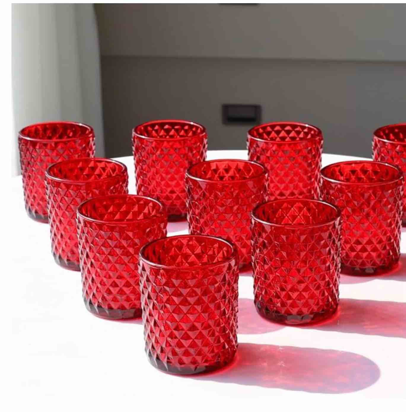 Woho Red Votive Candle Holders Bulk Set of 12, Glass Tea Lights Candle Holder for Wedding Table Centerpiece, Studded Diamond Tealight Candle Holder for Christmas Party Holiday Home Decor