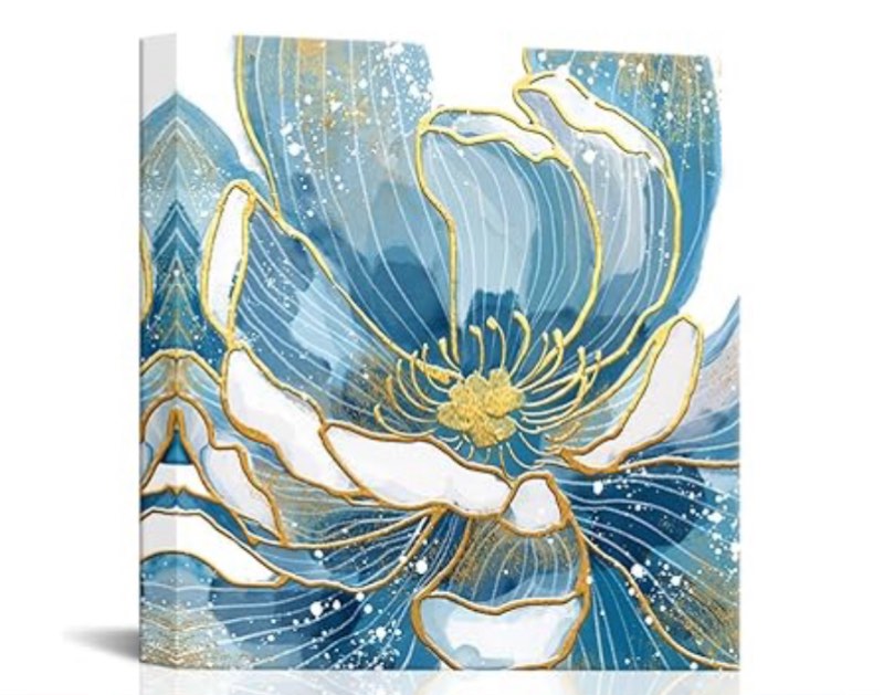 Blue Abstract Floral Canvas Wall Art, 12"x12" Abstract Floral Blossoming with Gold Foil Prints Canvas Wall Decor, Floral Watercolor Poster Printing Artwork for Living Room Bedroom Bathroom