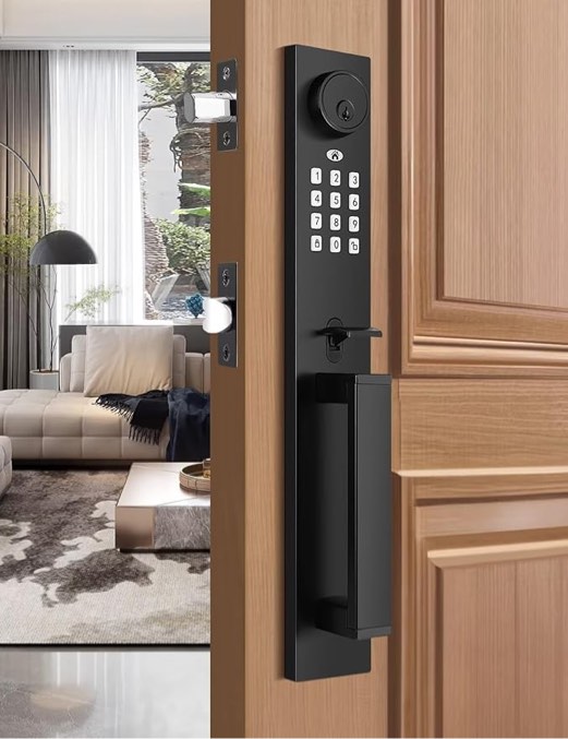 Tinewa Keyless Entry Door Lock with Lever, Full Escutcheon Smart Door Handle, Digital Keypad Deadbolt with App, Front Door Handleset with Single Cylinder Deadbolt and Lever, Auto Locking, Black Finish