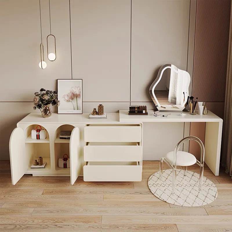 (( Damaged in the parts of  at the base  )) Earna 55.1'' Modern L-Shaped Cream Makeup Vanities, Bedroom Dresser with 3 Drawers, 2 Caninet Earna 55.1 Modern L- Shaped Makeup vanity Bedroom Desk 