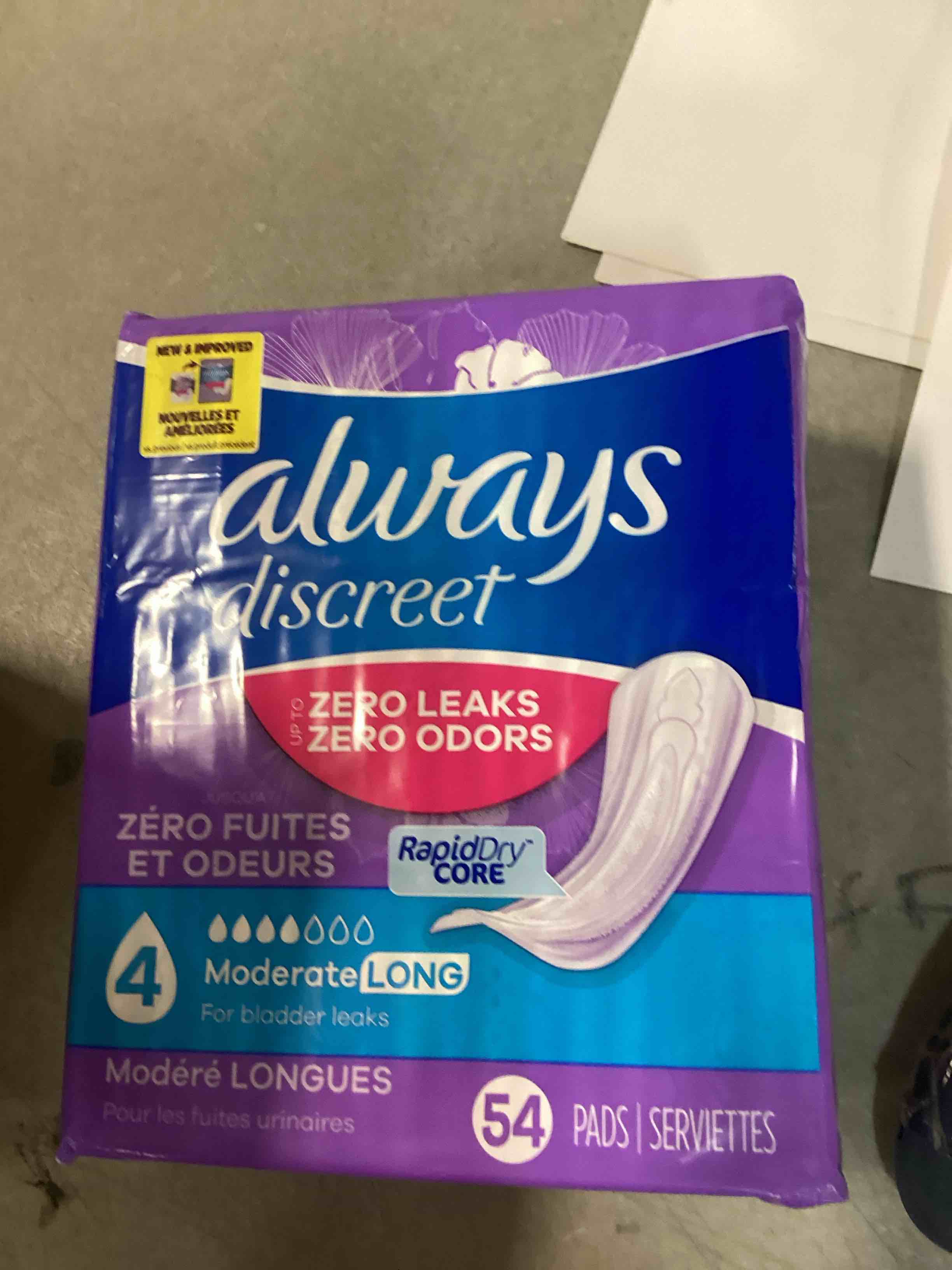 Always Discreet Incontinence Pads for Women Moderate Long 54 Count