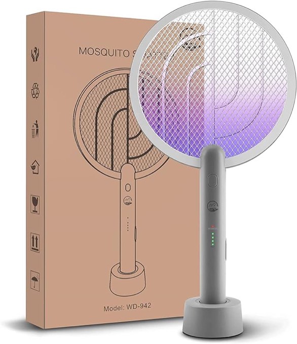 Electric Fly Swatter Racket, Mosiller 2 in 1 Smart Bug Zapper with USB Rechargeable Base, Powerful Mosquitoes Trap Lamp & Fly Killer with 3-Layer Safety Mesh for Home, Bedroom, Kitchen, Patio?1 Pack?