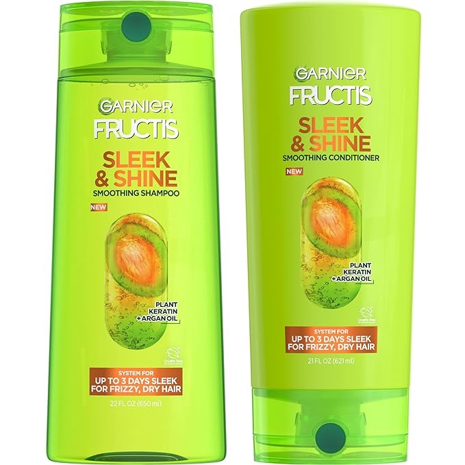 Garnier Fructis Sleek & Shine Shampoo (22 Fl Oz) + Conditioner (21 Fl Oz) Set for Frizzy, Dry Hair, Plant Keratin + Argan Oil (2 Items), 1 Kit (Packaging May Vary)