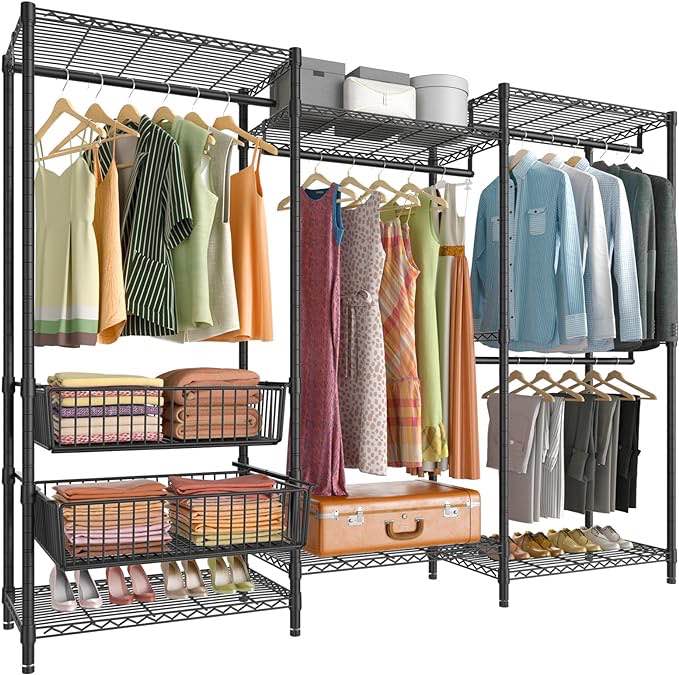 VIPEK V10 Wire Garment Rack 5 Tiers Heavy Duty Clothes Rack with 4 Hanging Rods, 6 Wire Shelves & 2 Slid Storage Baskets, Large Size Clothing Rack 85.8" W x 15.7" D x 70.5" H, Max Load 800 LBS, Black