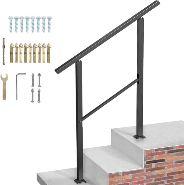 Handrails for Outdoor Steps 3 Ft Transitional Handrail, Outdoor Stair Railing Fits 1 to 3 Steps, Wrought Iron Handrail for Concrete Stepsï¼ˆ3 Stepsï¼‰