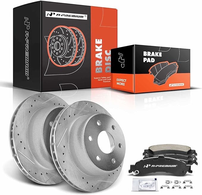 A-Premium 12.99 inch(330 mm) Rear Drilled and Slotted Disc Brake Rotors+Ceramic Pads Kit Compatible with Select Cadillac, Chevy and GMC Models- Escalade, Avalanche 1500, Silverado 1500, Express 1500