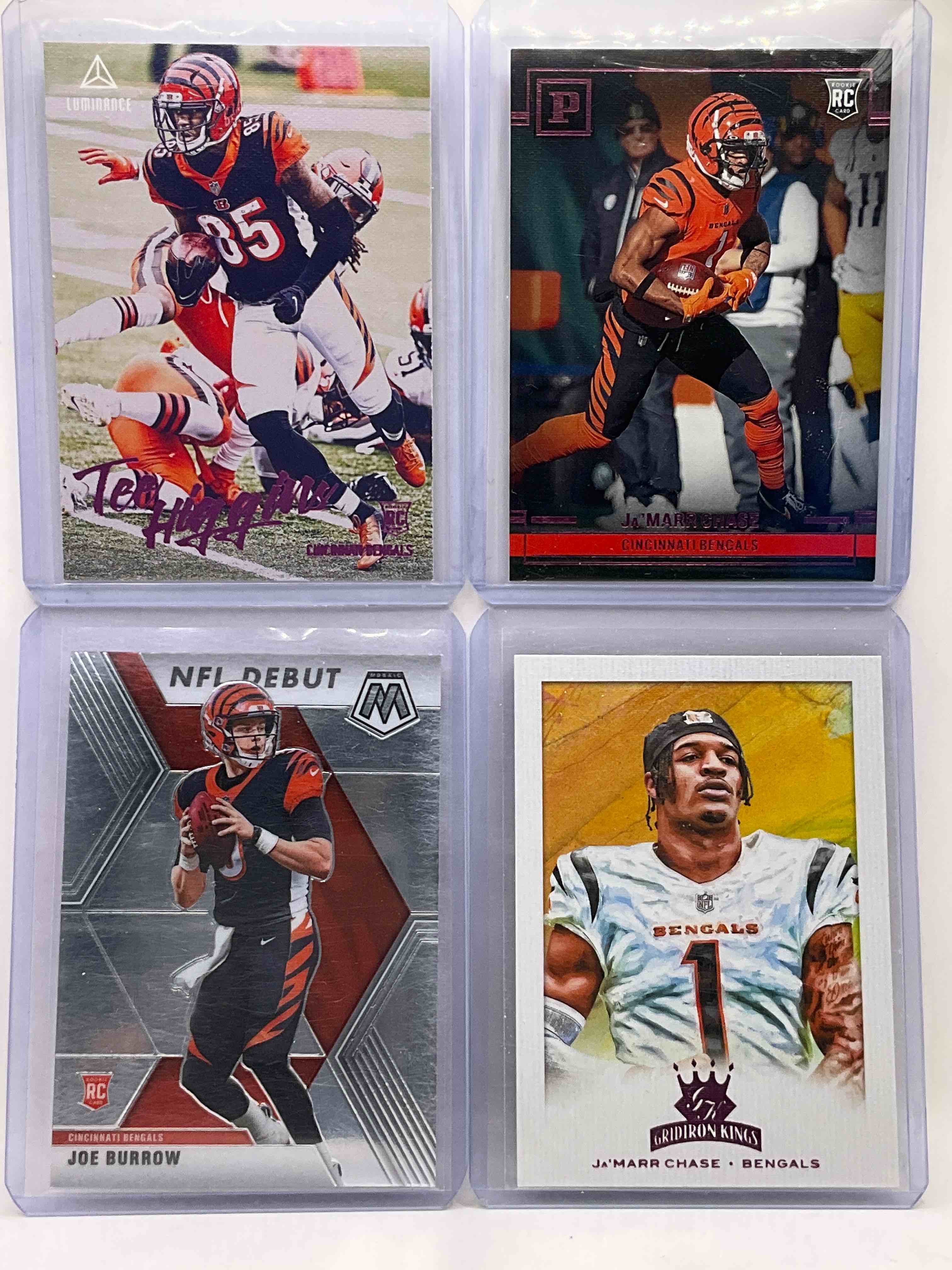 Bengals Bros! All Four Rookies! Mosaic Joe Burrow Rookie Card, Tee Higgins Pink Rookie, Ja’marr Chase Pink Panini & Pink Chronicles Card! All Mint!