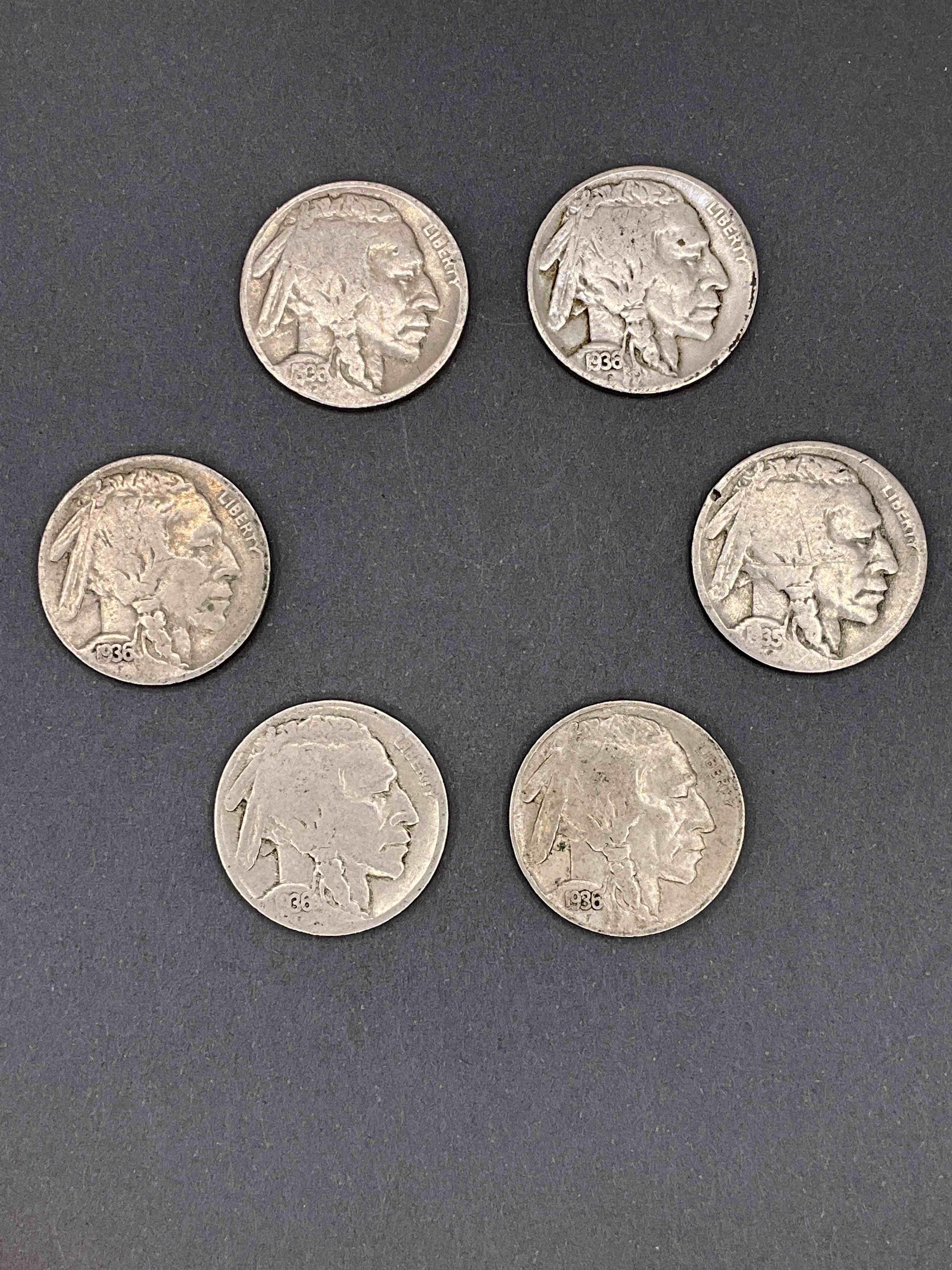 Historic Buffalo Nickels! Six Indian Head Buffalo Nickels With Dates ...