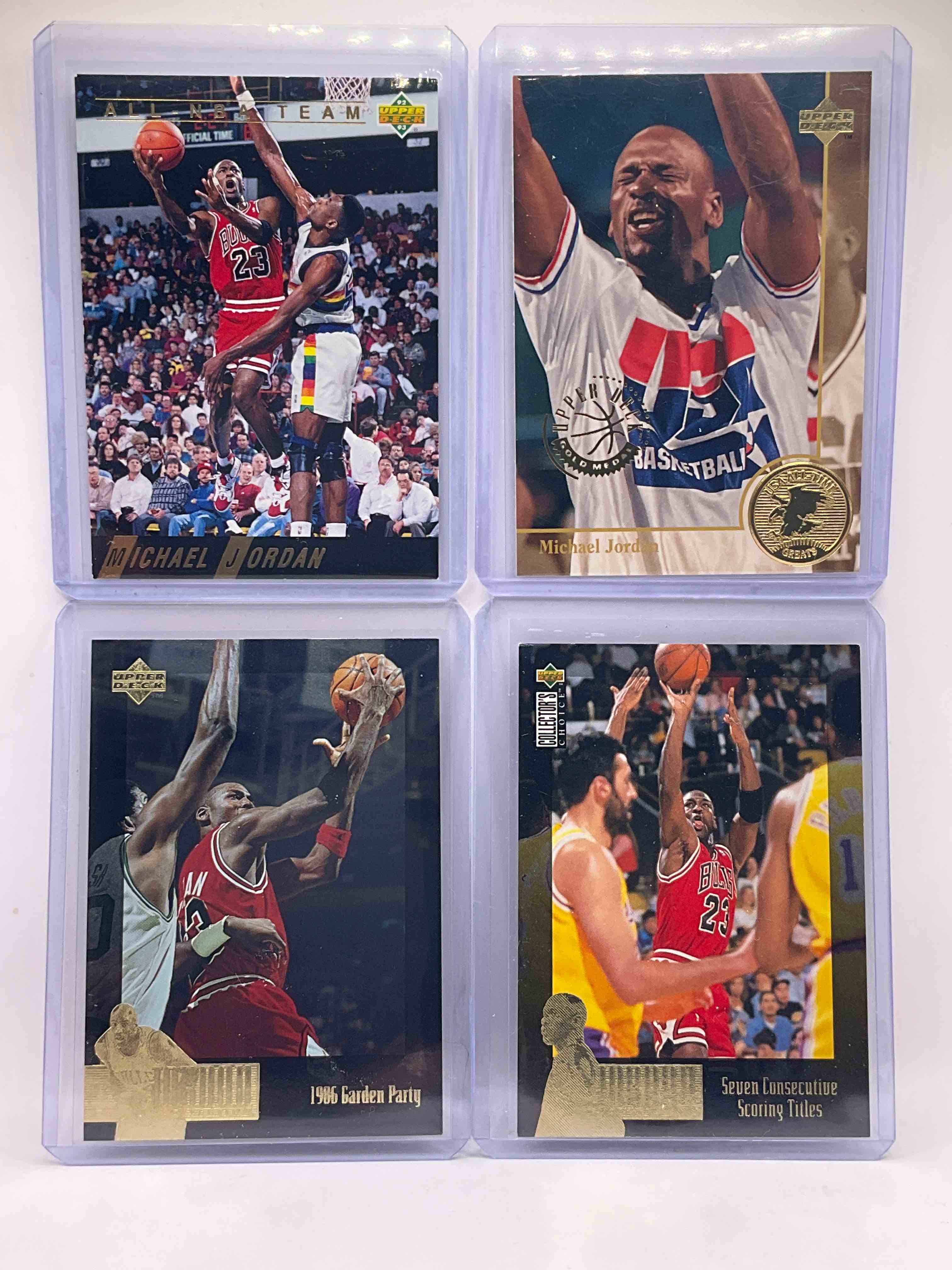 Michael Jordan GOLD Upper Deck Basketball Cards! Commemorative Cards… All-NBA Team, Seven Consecutive Scoring Titles, USA ALL TIME GREAT & 1986 Garden Party Cards! 