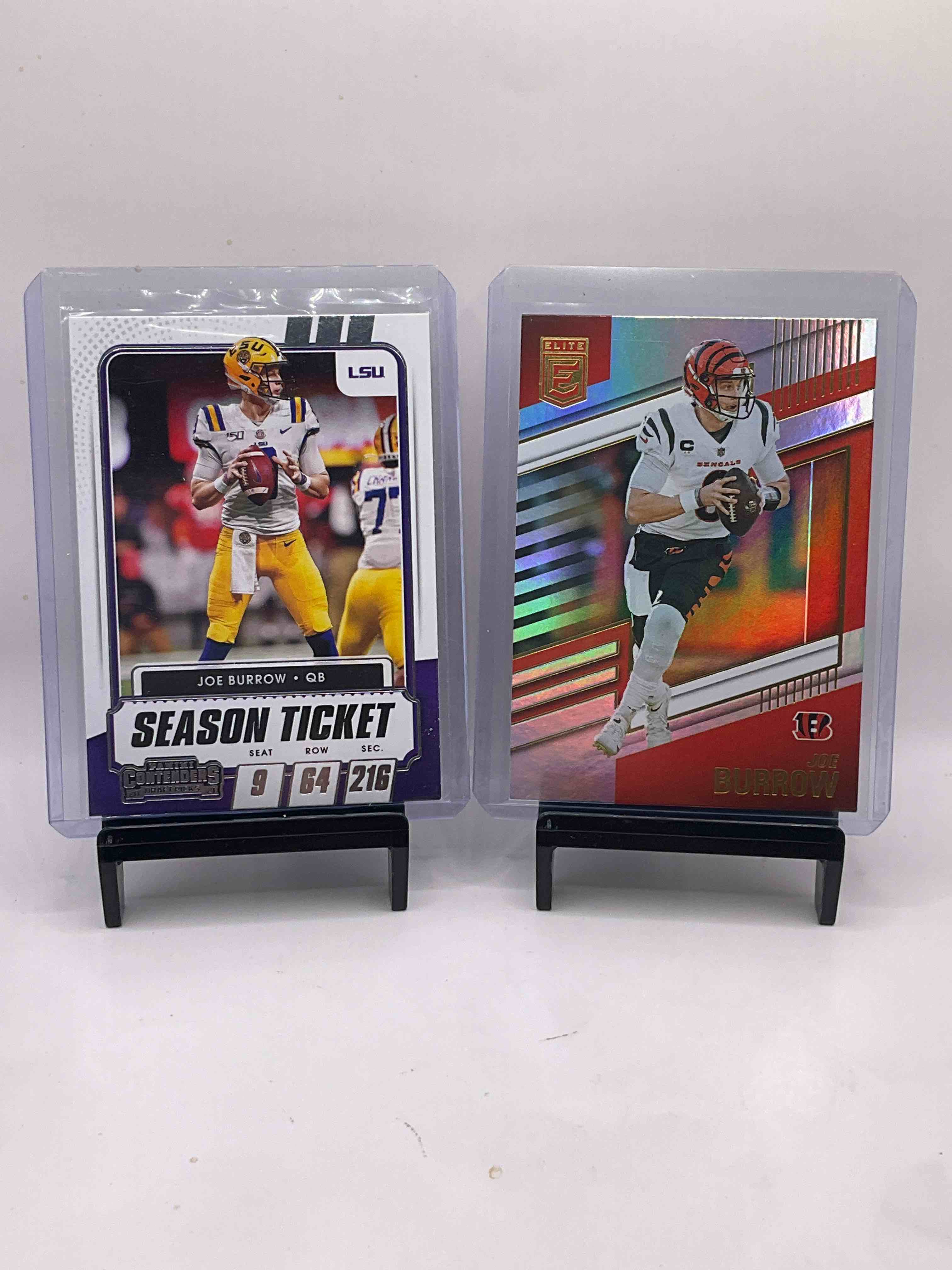 Six Awesome Joe Burrow Card Bonanza! Prestige Burrow, Absolute Burrow, Chronicles Burrow, Score Burrow, Elite Silver Burrow & Contenders Season Tickets Burrow! All In Hard Cases!
