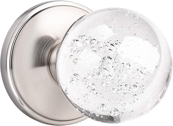 (1 pack) Orger Glass Door Knob for Interior Hall and Closet, Crystal Door Knobs with Round Clear Bubble Ball Shape, Heavy Duty Keyless Passage Door Handles with Round Satin Nickel Back Plate