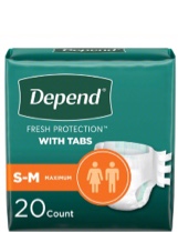 Depend Incontinence (20 pcs) Protection with Tabs, Unisex, Small/Medium (19–34" Waist, Up To 170 lbs), Maximum Absorbency, 