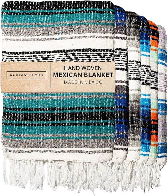 Andrew James Authentic Mexican Throw Blanket Classic Collection - Everyday Indoor/Outdoor Woven Blanket for Yoga, Park and Beach Picnics, Camping, Car Seats, Handwoven Serape (Teal)