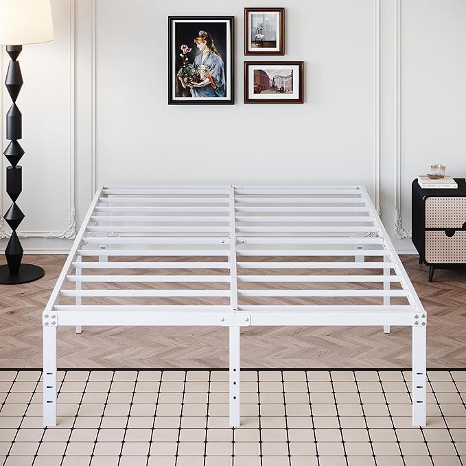 18 Inch Queen Bed Frame Heavy Duty Metal Platform No Box Spring Needed, Maximum Storage, Easy Assembly, Noise Free, White