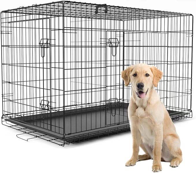 Extra Large Dog Crate | XXL 48 inch Dog Crates for Large Medium Small Dogs | Dog Kennel Indoor Outdoor Dog Cage | Portable Metal Wire Crates with Tray, Double Door and Divider Panel