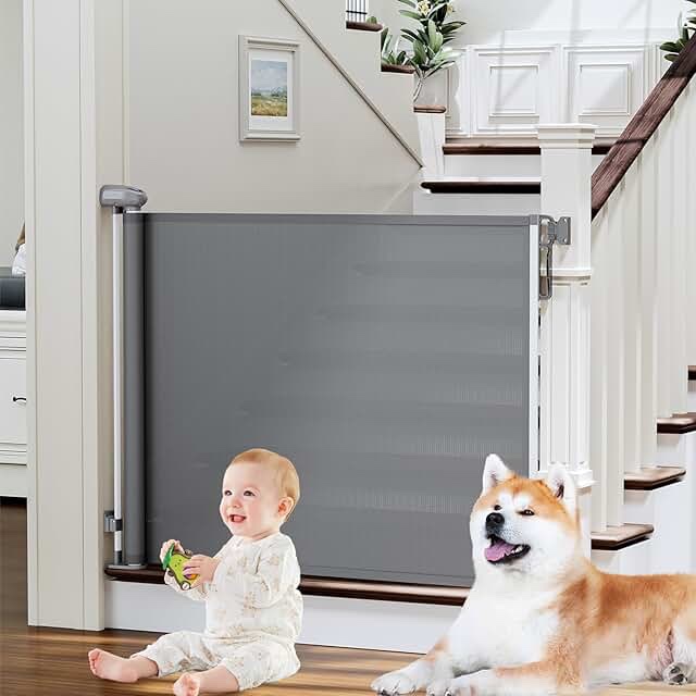 Retractable Baby Gates Extra Wide, PRObebi Retractable Dog Gate for The House Extends to 54" Wide 34" Tall, Gates for Baby Indoor, Stair Gate for Outdoor, Staris, Hallways, Doorways, Deck, Porch