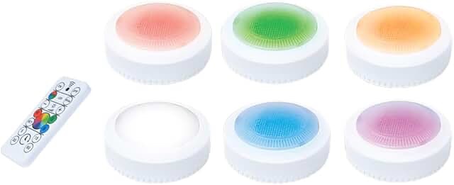 6-Pack 3-in Battery-Operated LED Puck Light - White Finish, IR Remote with Timer, Magnetic, 40 Lumens, RGB and 4000K Color Temperature