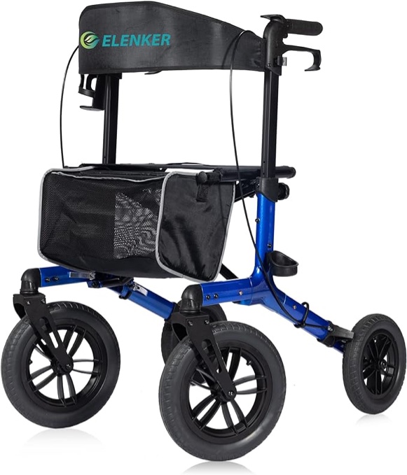 ELENKER All-Terrain Rollator Walker with Seat, Outdoor Rolling Walker, 10” Non-Pneumatic Tire Wheels Compact Folding Design for Seniors, Blue