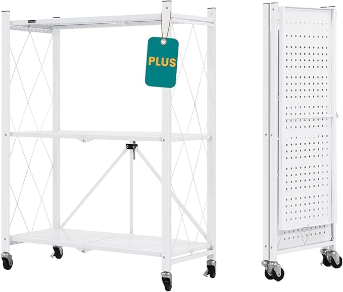 ALANNG 28" W Folding Metal Shelving on Wheels, 3 Tier Rolling Cart, No Assembly Mobile Utility Cart for Kitchen, Office, Laundry, Garage (White) White 3 Tier