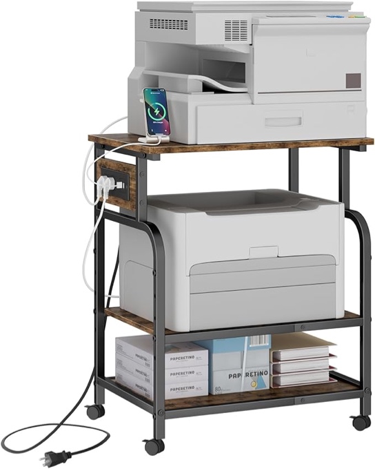 3 Tier Large Printer Stand with Power Outlet/USB Port, Rolling Printer Cart with Adjustable Storage Shelf, Printer Table Stand for 3D Printer/Heat Press/Laster Printer, Rustic Brown