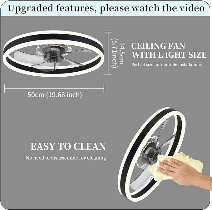 Fszdorj 2022 Upgraded Ceiling Fan F105 Black Ceiling Fans with Lights App & Remote Control, Timing & 3 Led Color Led Ceiling Fan, 6 Wind Speeds Modern Ceiling Fan for Bedroom, Living Room, Small Room