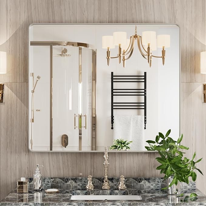 JISOSO Brushed Silver Bathroom Mirror, 36 x 30 Inch Rectangular Metal Framed Vanity Mirror for Wall, Rounded Corner,Tempered Glass, Anti-Rust(Horizontal/Vertical)
