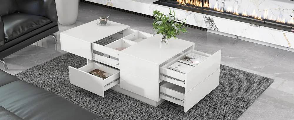 ON-TREND Extendable Coffee Table with 4 Drawers, Rectangle Cocktail Table with Hidden Storage Compartment, UV High-gloss Center Table with Sliding Top for Living Room, 35.4”x 23.6”, White