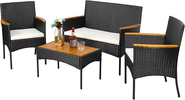 SUNLEI Multi Pieces Outdoor Patio Furniture Sets Conversation Sets Rattan Chair Wicker Set,Glass Table,Outdoor Indoor Use Backyard Porch Garden Poolside (Black, 4 PCS-White/Wood Tabletop)