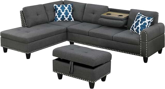 (incomplete only left Arm chaise) L Shaped Sectional Couch with Storage Ottoman, Modern Nailhead Comfy Lounge Sofa with Reversible Cup Holder & Chaise, 97" 4 Seat Modular Sofá for Living Room Apartment, Grey