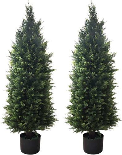 Artificial Topiary Tree 2-Set - Beautiful Realistic Faux Cedar Pines, 4 Feet Tall, UV Protection for Longer Life, 6" Wide Heavy Duty Pots for Outdoor & Indoor Decor
