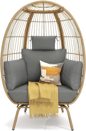 YITAHOME Egg Chair Wicker Outdoor Indoor, Oversized Lounger with 370lbs Capacity Large Egg Chairs with Stand Cushion Egg Basket Chair for Patio, Balcony, Bedroom - Grey