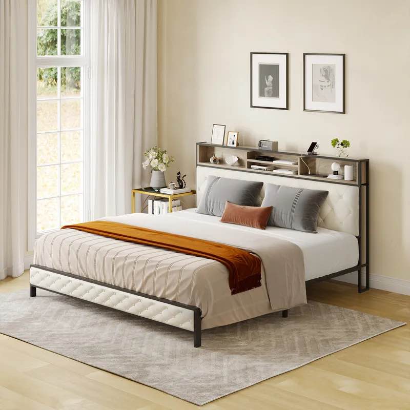 Wooden Queen Bed Frame with Upholstered Storage Headboard & Charging Station