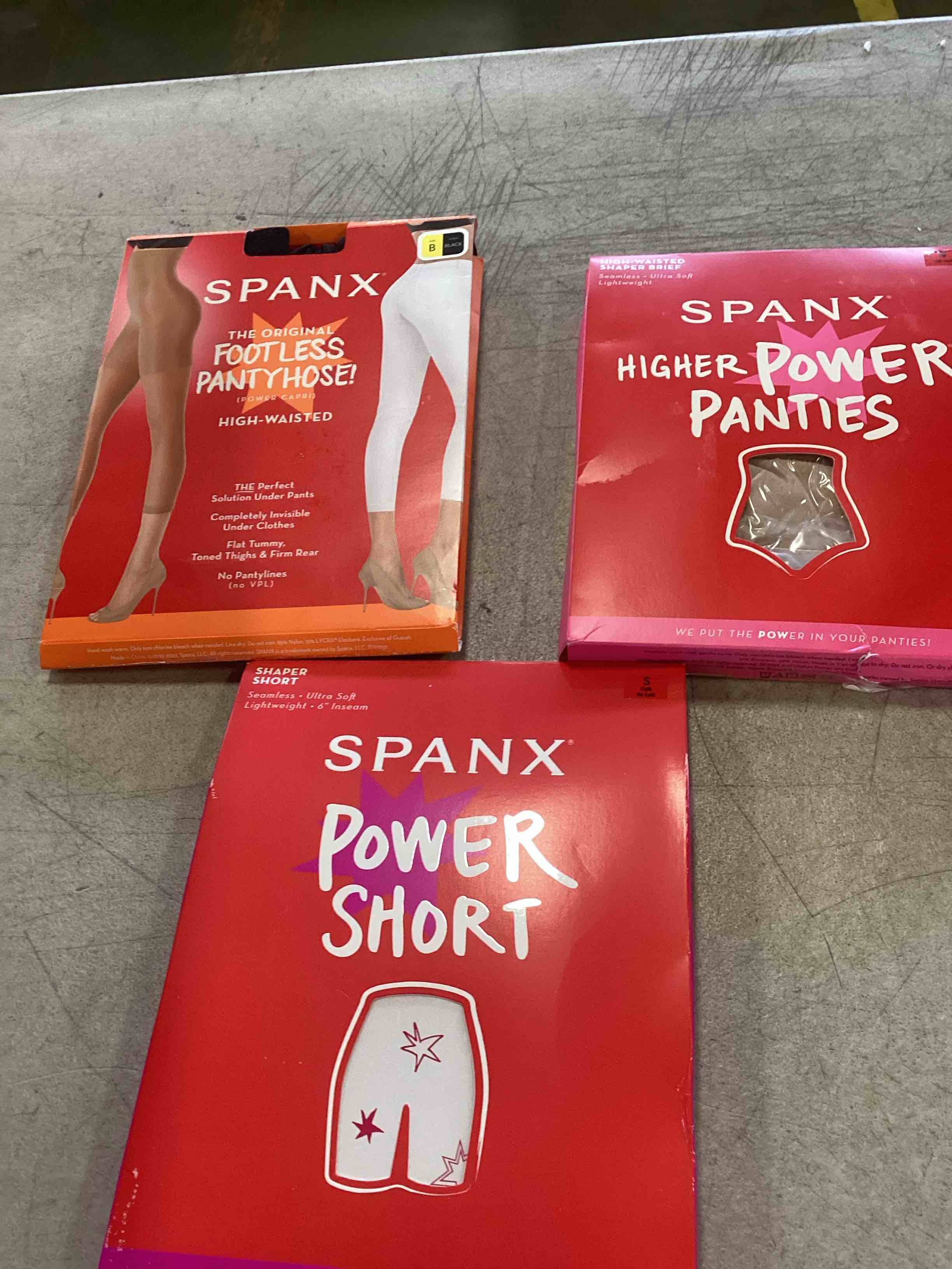3 assorted Spanx includes The original footless pantyhose, Higher power panties, Power shorts size and color may very 
