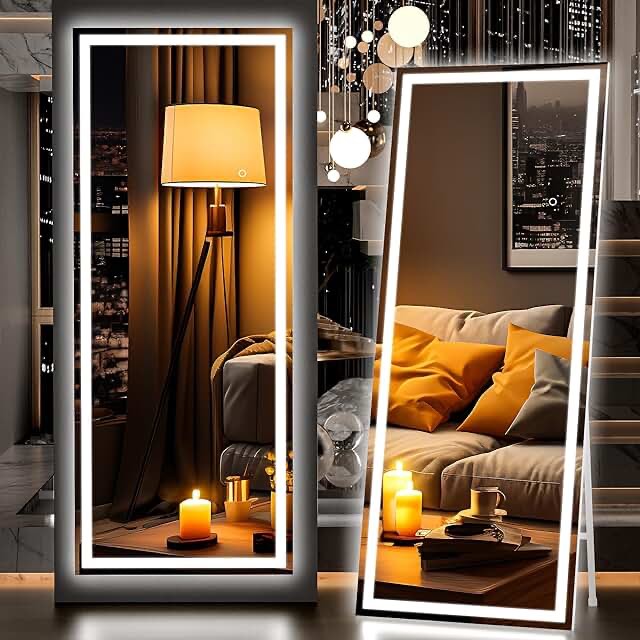 Hasipu Full Length Mirror with Lights, 44" x 16" LED Lighted Wall Mounted Mirror, Over The Door Hanging Mirror, Light Up Full Body Mirror, Long Dressing Mirror White