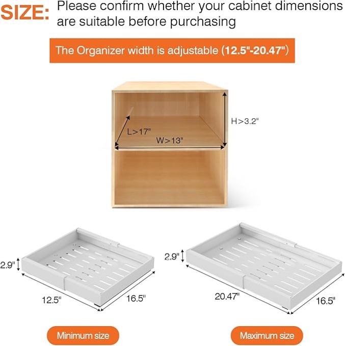 No Drill Pull out Drawers for Cabinets, Expandable?12.5"-20.47"?Pull out Cabinet Organizer, No Screw Adjustable Cabinet Drawers for Kitchen,Fixed with Adhesive Nano Film,Slide Out Drawers, White