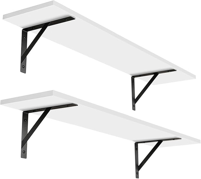 DINZI LVJ Long Wall Shelves, 31.5 x 7.9 x 6 Inches, Set of 2 White Floating Shelves, Easy-to-Install, Large Storage Ledges with Sturdy Metal Brackets for Living Room, Bathroom, Bedroom, Kitchen