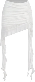 Size M Floerns Women's Asymmetrical Side Ruched Ruffle Trim Low Waist Mini Skirt