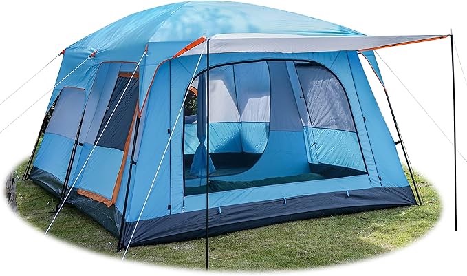 KTT Extra Large Tent 12-14 Person(C),16'Lx11'Wx7.4'H,Family Cabin Tent,2 Rooms,Straight Wall,3 Doors 3 Windows with Mesh,Waterproof,Straight Wall,Big Tent for Outdoor,Picnic,Camping,Gathering