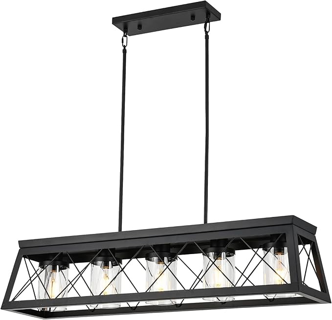 Farmhouse Rectangle Kitchen Island Chandelier Lighting, Metal Rustic Dining Room Pendant Light Fixture with Clear Glass Shades Industrial Linear Cage Pool Table Bar Counter Light 5 Lights
