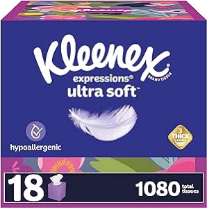 ( case pack of 18 )Kleenex Expressions Ultra Soft Facial Tissues, 18 Cube Boxes, 60 Tissues per Box, 3-Ply (1,080 Total Tissues), Packaging May Vary
