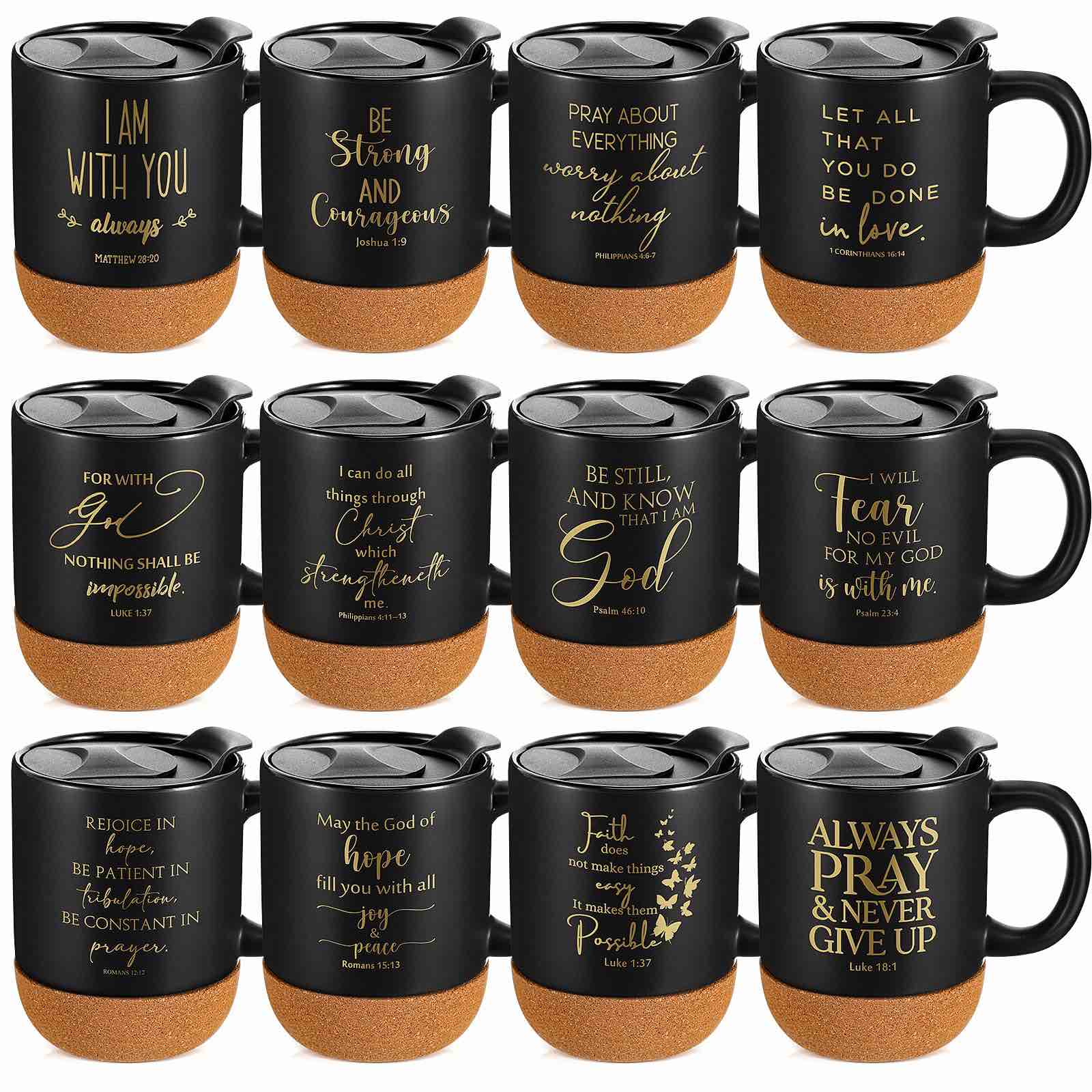 12 Pcs Inspirational Christian Gifts 15 oz Bible Verses Cups Ceramic Religious Coffee Mugs Sunday School Mugs with Cork Bottom Thank You Gift Drinking Mug for Mom Dad Church Teacher Student
