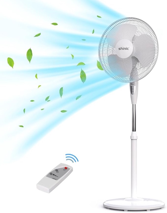 shinic 16-Inch Oscillating Pedestal Fan with Remote Control,3-Speed Quiet Floor Fan,Adjustable Height,7.5-Hour Timer,Standing Fan for Bedroom,Living Room,Office,White