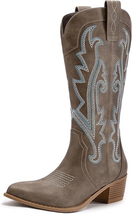 Athlefit Cowboy Boots for Women Western Cowgirl Boots Fashion Embroidered Pointed Toe Chunky Heel Mid Calf Boots Size 8 