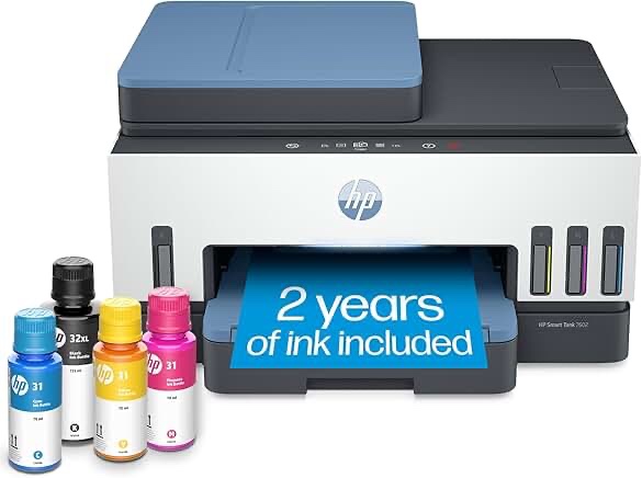 hp smart -tank 7602 wireless all-in-one cartridge-free ink printer, up to 2 years of ink included, mobile print, scan, copy, fax, auto doc feeder, featuring an app-like magic touch panel (28b98a)