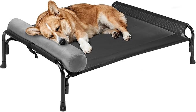 Veehoo Medium Elevated Dog Bed, Raised Dog Cot Bed with One-Sided Removable Headrest Bolster, Outdoor Dog Bed for Small Medium Dogs, Dog Hammock Bed Off Ground, Breathable Anti-Slip, M, CWC2204B