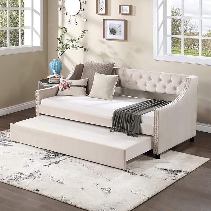 (Incomplete, missing boxes)Bellemave Twin Upholstered Daybed with Trundle Tufted Button Mid-Century Day Bed Frame Wing-Back Sofa Bed with Wood Slats for Living Room Bedroom, Both Twin Size, Beige, Beige Velvet