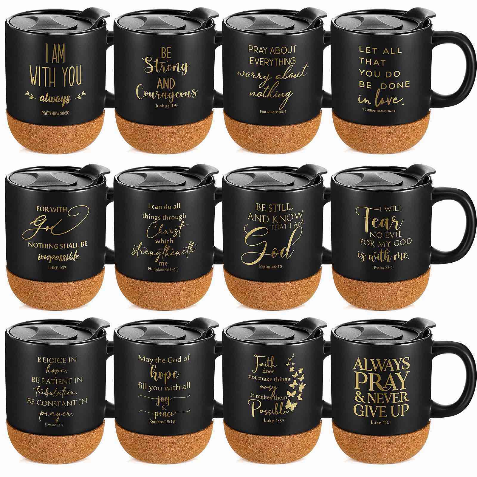 12 Pcs Inspirational Christian Gifts 15 oz Bible Verses Cups Ceramic Religious Coffee Mugs Sunday School Mugs with Cork Bottom Thank You Gift Drinking Mug for Mom Dad Church Teacher Student